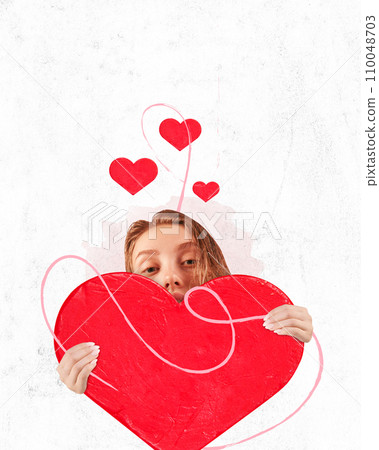 Poster. Contemporary art collage. Be my Valentine. Young beautiful, loving girl holds big heart on white paper craft background. 110048703