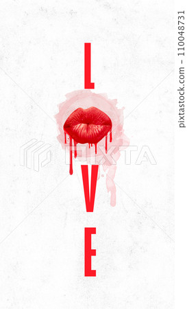 Poster. Contemporary art collage. Inscription love with red plump female lips from which red paint drips instead of letter O. 110048731