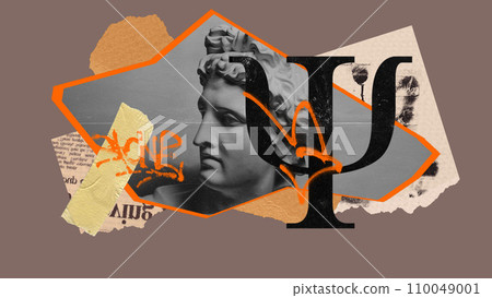 Antique statue bust with psychology symbol over ight background. Contemporary art collage. Antique statue bust with psychology symbol over ight background. Contemporary art collage. 110049001