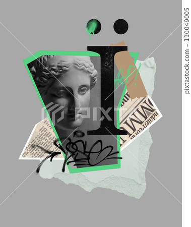 Black and white image of antique statue bust with abstract design elements. Poster, banner, postcard template. Contemporary art collage. 110049005