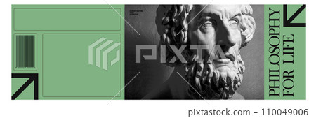 Antique statue bust over green background with empty space for text. Poster, flyer, invitation card. Contemporary art collage. 110049006