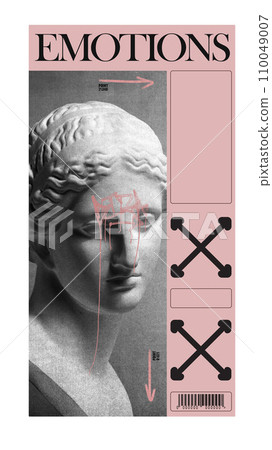 Antique statue bust over pink backwound. Flyer, postcard example, invitation card. Contemporary art collage. 110049007
