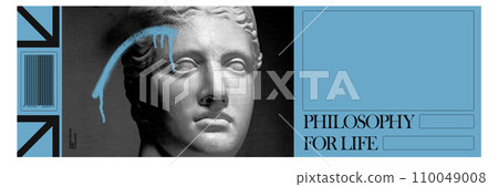 Antique statue bust over blue background with empty space for text. Poster, flyer, invitation card. Contemporary art collage. 110049008