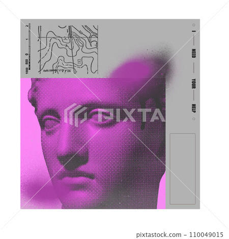 Antique statue bust in purple color with texted effect. Design for banner,s poster, ad, postcard. Contemporary art collage. Antique statue bust in purple color with texted effect. Design for banner,s poster, ad, postcard. Contemporary art collage. 110049015