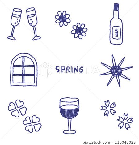 Wine and flower illustration set that can be used in spring (blue line) 110049022
