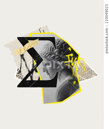 Endless art. Antique statue bust in combination with modern drawings over light background. Contemporary art collage. Endless art. Antique statue bust in combination with modern drawings over light background. Contemporary art collage. 110049023