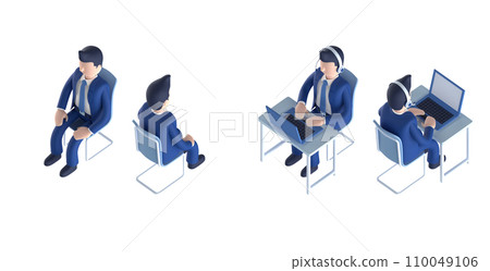 穿著西裝打領帶的等距排列的聰明男性角色的 3DCG 渲染 110049106