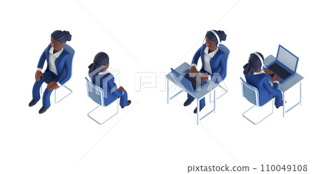 3DCG rendering of an isometric arrangement of a smart female character wearing a suit and tie 3DCG rendering of an isometric arrangement of a smart female character wearing a suit and tie 110049108