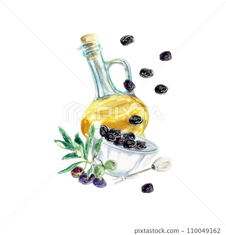 Olive oil watercolor set. Branches, black olives, plate, fork. Vector. Food packaging, labels, posters, menus, cards, leaflets, banners, covers. Olive oil watercolor set. Branches, black olives, plate, fork. Vector. Food packaging, labels, posters, menus, cards, leaflets, banners, covers. 110049162