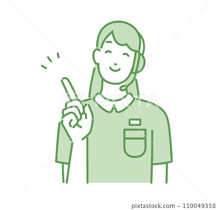 Customer support woman smiling and pointing Customer support woman smiling and pointing 110049358