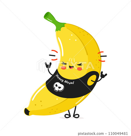 Banana heavy metal character. Vector hand drawn cartoon kawaii character illustration icon. Isolated on white background. Banana character concept Banana heavy metal character. Vector hand drawn cartoon kawaii character illustration icon. Isolated on white background. Banana character concept 110049481
