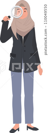 Muslim Woman in Hijab Examining with Magnifying Glass 110049550