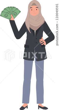 Financial Success concept. muslim Woman in Hijab Holding Money Fan 110049591