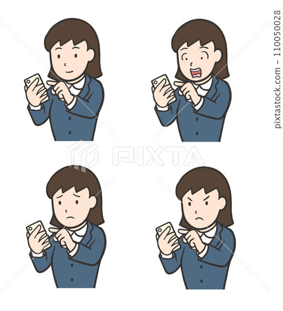 A woman in a suit operating a smartphone, surprised face, angry face A woman in a suit operating a smartphone, surprised face, angry face 110050028