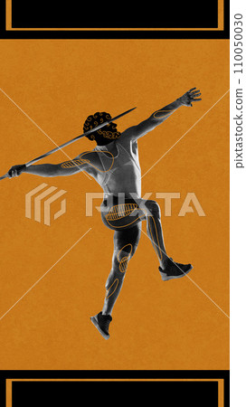 Strong muscular young man, athlete practicing, throwing javelin over orange black background. Ancient man drawing. Contemporary artwork. Strong muscular young man, athlete practicing, throwing javelin over orange black background. Ancient man drawing. Contemporary artwork. 110050030