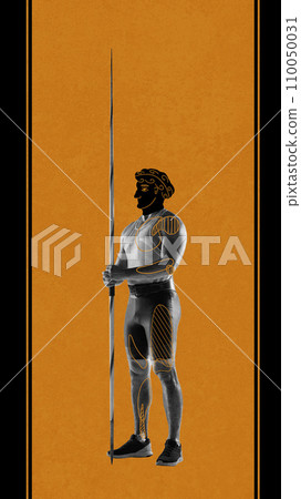 Strong muscular young man, athlete standing with javelin over orange black background. Ancient man drawing. Contemporary artwork. 110050031