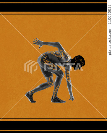 Ready, steady, go. Muscular man, runner, athlete in motion, standing on starting line over orange background. Contemporary art collage. Ready, steady, go. Muscular man, runner, athlete in motion, standing on starting line over orange background. Contemporary art collage. 110050032