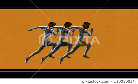 Young athletic man, runner with ancient drawn head, athlete in motion, running over orange background. Contemporary art collage. 110050034