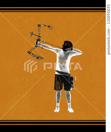 Man with ancient male head drawing, archer aiming arrow on target over orange background. Archery sport. Contemporary art collage. 110050035