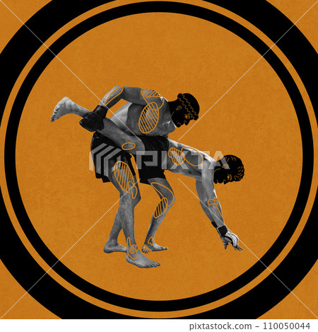Muscular competitive man, boxing, mma athletes with drawn head of ancient man fighting over yellow background. Contemporary art collage. 110050044