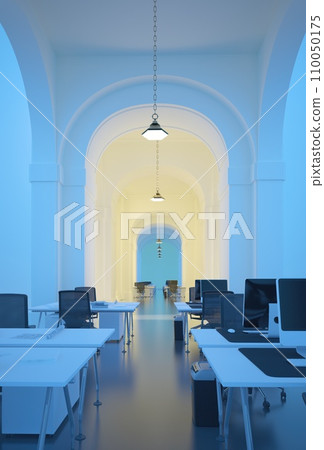 Interior of office with blue walls and arch. Interior of office with blue walls and arch. 110050175