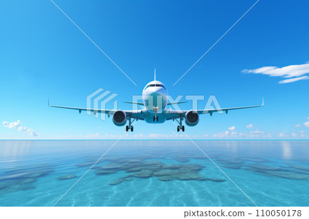 客機飛機飛越海。假期和假期旅行和旅程概念。 “人工智慧生成圖像” 客機飛機飛越海。假期和假期旅行和旅程概念。 “人工智慧生成圖像” 110050178