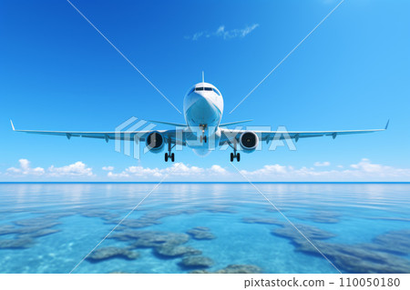 客機飛機飛越海。假期和假期旅行和旅程概念。 “人工智慧生成圖像” 客機飛機飛越海。假期和假期旅行和旅程概念。 “人工智慧生成圖像” 110050180