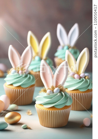 Easter concept. Cute Easter cupcakes with bunny ears and frosting. 110050417