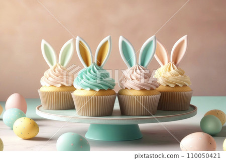 Easter concept. Cute Easter cupcakes with bunny ears and frosting. Easter concept. Cute Easter cupcakes with bunny ears and frosting. 110050421