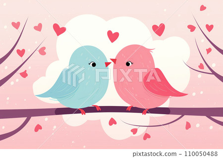 A cute couple of birds on a tree branch with hearts. Vector illustration. Generative AI 110050488