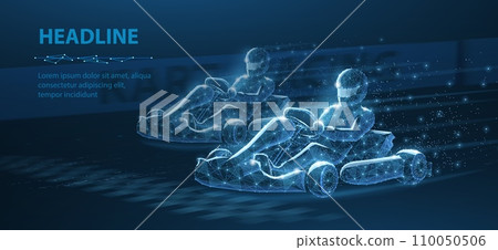 Two speed go karting race crossing finish line. Hi tech technology in kart races. Concept illustration 110050506