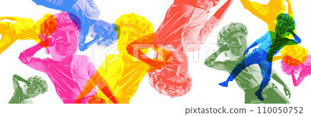 Glitch effect. Colorful design with man with antique statue head dancing over white background. Hipster. Contemporary art collage. 110050752
