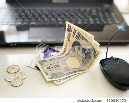 金錢和信用卡在膝上型計算機前面 金錢和信用卡在膝上型計算機前面 110050970