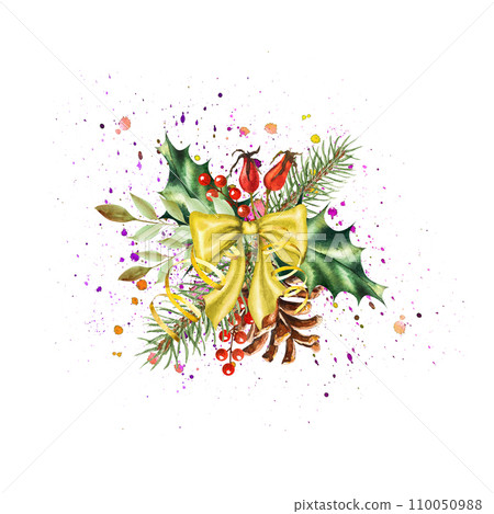 Watercolor illustration of a New Year's composition of fir branches, holly, rowan, twigs. Watercolor illustration of a New Year's composition of fir branches, holly, rowan, twigs. 110050988