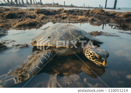 A sea turtle lies amidst muck, a likely victim of coastal pollution, with industrial structures in the background 110051214