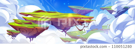Ground islands with grass float in sky with clouds 110051280