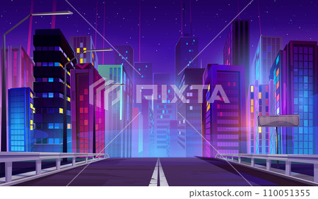 Road to city with multistorey and neon lights 110051355