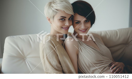 AI-generated content. Happy lesbian couple expecting a baby 110051412