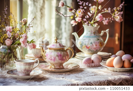 AI-generated content. A refined Easter tea set with painted eggs amidst blossoming branches on a lace-covered table, gentle window light 110051433