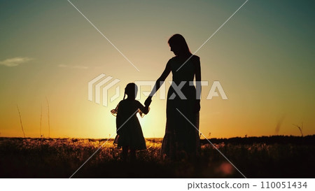 Mamma and daughter enjoying sunset in nature while walking in sun-drenched field 110051434