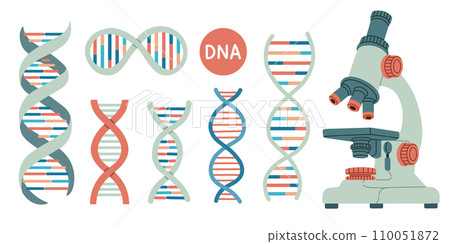 Set of DNA and microscope. Life gene model bio code genetics molecule medical symbols. Structure molecule, chromosome. Set of DNA and microscope. Life gene model bio code genetics molecule medical symbols. Structure molecule, chromosome. 110051872