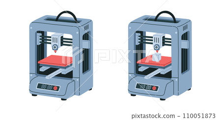 3d printer concept. Machine makes polymer volume object. Plastic abstract symbols made by 3d printer vector ullustration 110051873