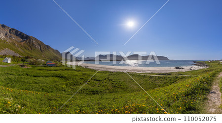 Radiant sun, lush greenery, and beachgoers at Rambergstranda, Lofoten 110052075
