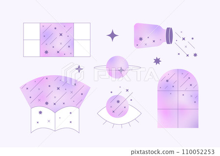Y2K style Gradient starlight elements with stars, sparkles. Aesthetic cosmic vector frames, window, space. 110052253