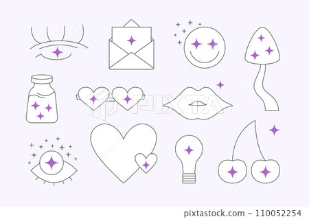 Abstract line retro elements set. Groovy illustrations in 70s and 80s style with stars, sparkles. Abstract line retro elements set. Groovy illustrations in 70s and 80s style with stars, sparkles. 110052254