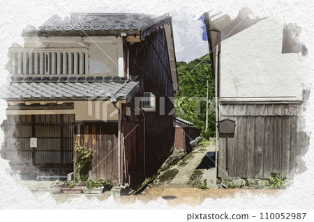 水彩風格球磨川宿中野町街景長谷路福井縣若狹町 110052987