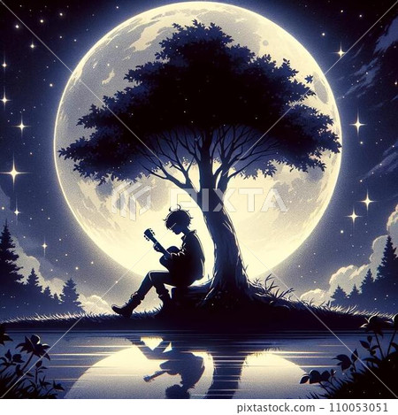 Illustration of a man playing the guitar under a tree with the moon shining 110053051