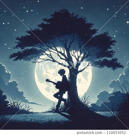 Illustration of a man playing the guitar under a tree with the moon shining Illustration of a man playing the guitar under a tree with the moon shining 110053052