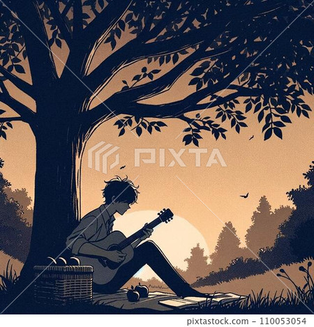 Man playing guitar under a tree at sunset 110053054