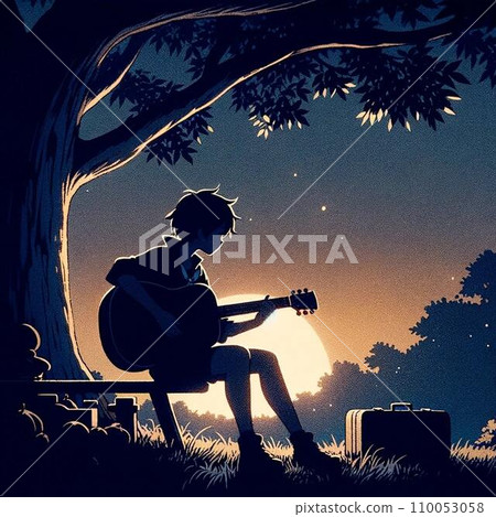 Man playing guitar under a tree at sunset 110053058